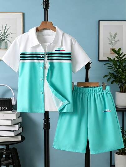 2pcs/Set Boys Casual Paris Color Block Polo Collar Button Short Sleeve Shirt Top And Matching Solid Color Shorts Set, Spring/Summer