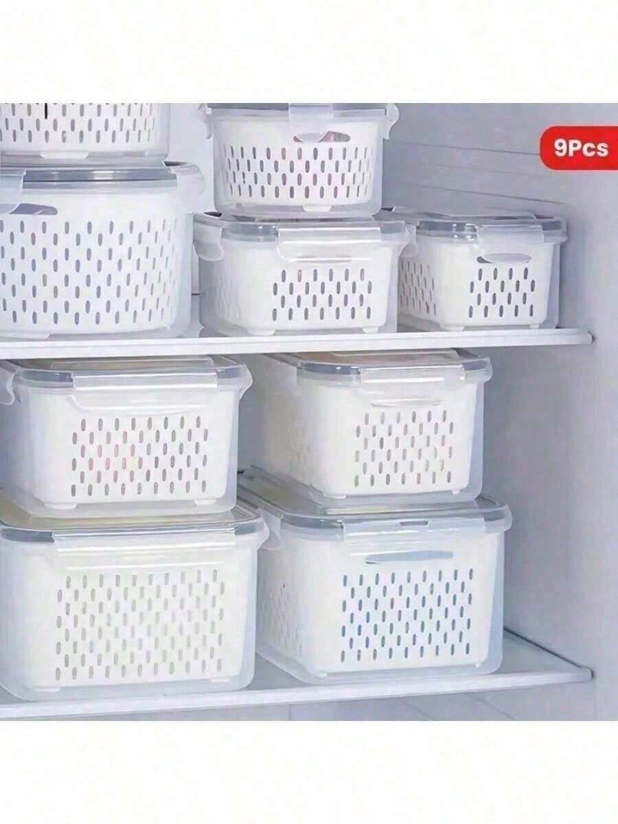 9件套食品储物盒，带沥水篮和盖子 - 防漏，可放入冰箱，可重复使用，多用途厨房储物盒，适用于存放水果、蔬菜和食品。包含3个储物盒、3个沥水篮和3个盖子。