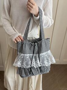 Casual Minimalist Plaid Drawstring Pleated Hem Large Capacity Tote Shoulder Bag, Women Pleated Hem Shoulder Bag - Multicolor - View 5