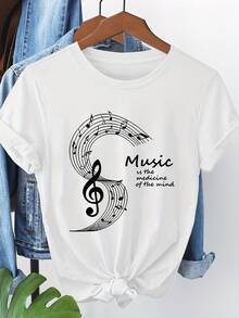 Short-Sleeved T-Shirt With Musical Note Print 8031 - Putih - View 1