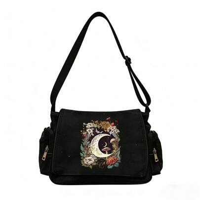 Minimalist Black Canvas Crossbody Bag, Large Capacity Dark Forest Crescent Flower Print Shoulder Bag, Dark Mori Style For Daily Commute, School, Shopping
