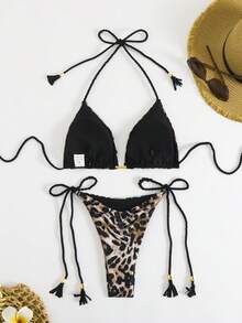 Women's Halter Leopard Print Tie-Up Sexy Backless High-End Bikini 2-Piece Swimsuit Set, 2025 New Arrival Vacation Beach Summer - Brown - View 5