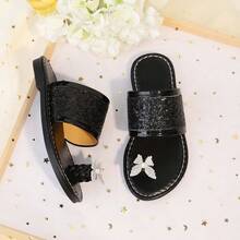 2026 Sandal trẻ em phong cách cổ tích Pháp mới, đi ngoài trời, gót thấp mũi nhọn đính pha lê, sandal xỏ chân, xuân/hè - màu đen - Xem 2