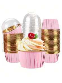 30/50Pcs Pink & Gold Cupcake Liners With Lids Premium Round Aluminum Foil Baking Cups, Heat Resistant And Durable. Elegant Pink And Gold Design Fits Muffins, Cheesecakes And Brownies Perfectly. Great For Birthdays, Christmas, Halloween, Autumn & Pumpkin Themed Parties, Ideal For Daily Baking And Festive Dessert Decoration. - Multicolor - View 2