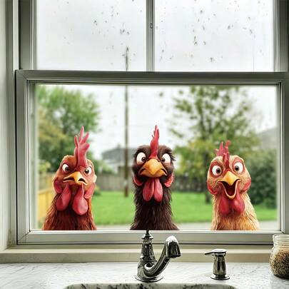 3 Sheets Funny 2D Rooster Window Decal Set, Reusable Static Cling Stickers For Kids Room, Kindergarten, Playroom, Classroom And Kitchen Glass Decor, No Glue Needed