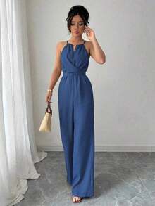 Women& # 39;S Casual Blue Wrinkled Fabric Sleeveless Halter Beaded Waist Twist Design Straight Jumpsuit Tie Bow Design At Back, Spring And Summer Royal Blue Group Purchase Sky Blue Group Buy Cerulean Blue - Màu xanh nhạt - Xem 11