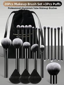 24件套化妆工具套装包含：20套化妆刷、3个三角粉扑和1个天鹅绒收纳袋 - 黑色 - 查看 8