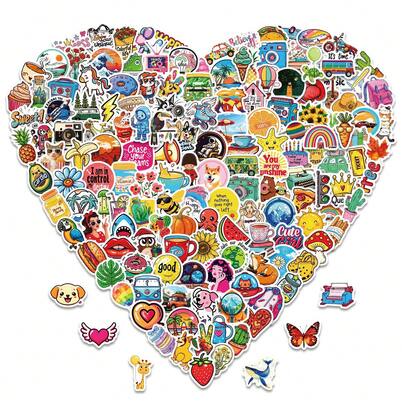 TOOUEE 200pcs Cute Cartoon Animal,Food*Fruit Mixed Theme Mini Stickers, Vinyl Waterproof Stickers Pack. Stickers For Water Bottles,Skateboards And Notebooks, Laptop. Creative Decoration Stickers Durable Party Favors, Christmas , New Year , Birthday Decorations