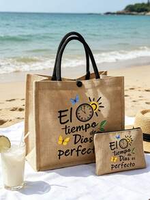 两件套亚麻手提袋 | “El-Tiempo”字母印花帆布单肩包 | 大容量购物袋，带搭扣 | 母亲节、父亲节、教师节、毕业礼物、伴娘礼物 | 春季花园派对、海滩度假、日常通勤 - 彩色 - 查看 4