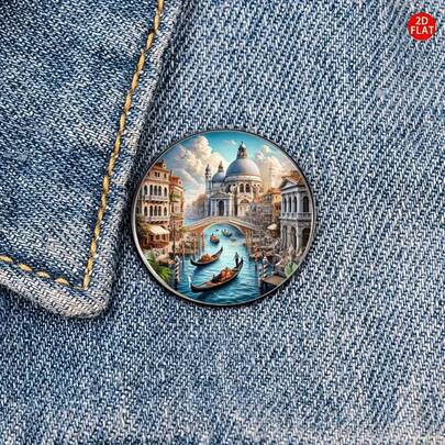 1 chiếc ghim cài áo phẳng 2D mô tả cảnh kênh đào Venice, ghim cài áo độc đáo, sáng tạo, thích hợp cho ba lô, quần áo, cổ áo và mũ.