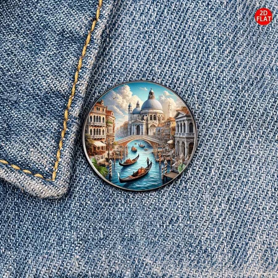 1pc 2D Flat Brooch Depicting Venice Canal Scene, Unique Creative Lapel Pin, Suitable For Backpacks, Clothing, Collars And Hats - A - View 1