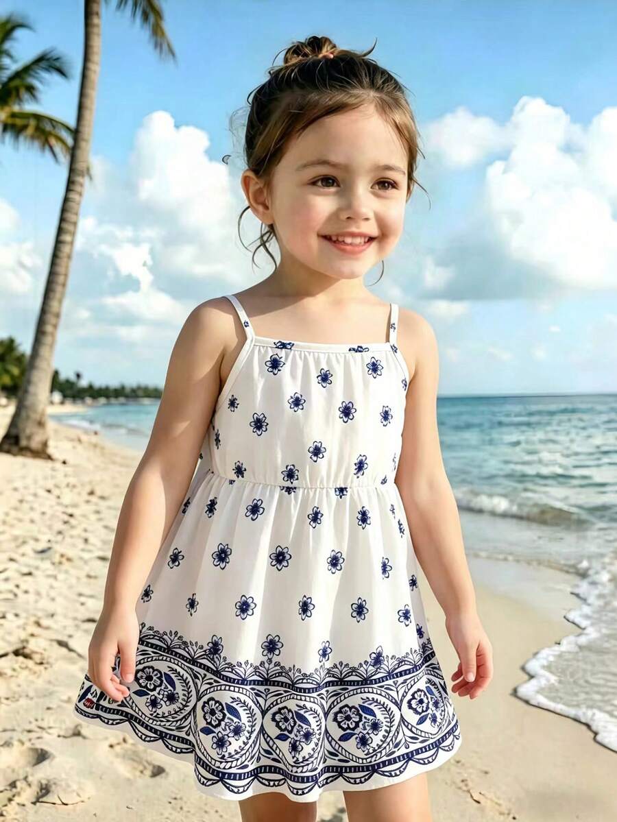 儿童夏季波西米亚风蓝白碎花连衣裙，棉混纺面料，细肩带 - 藍白色 - 查看 1