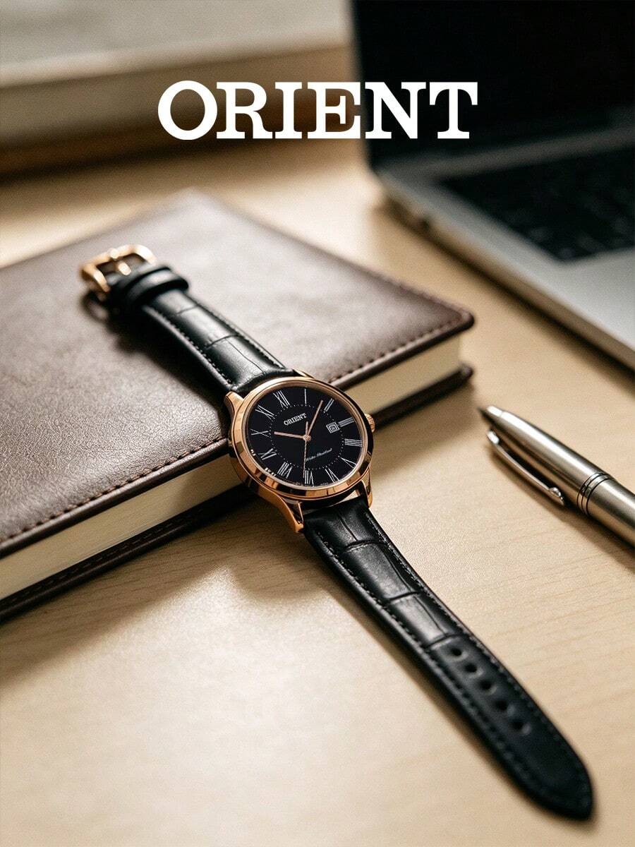 Orient 石英女士皮革表带玫瑰金商务手表黑色表盘，适合日常生活、约会、节日、送礼 RF-QA0007B10B - 黑色 - 查看 1