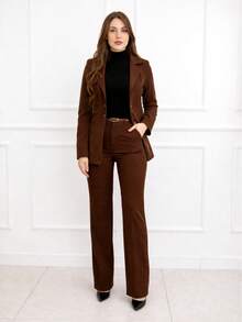 Women's Tailored Suit Set With Blazer And Trousers, Elegant Office/Winter Style, Fabric, Zipper, Pocket, Buttons At The Front - 鏽棕色 - 查看 1