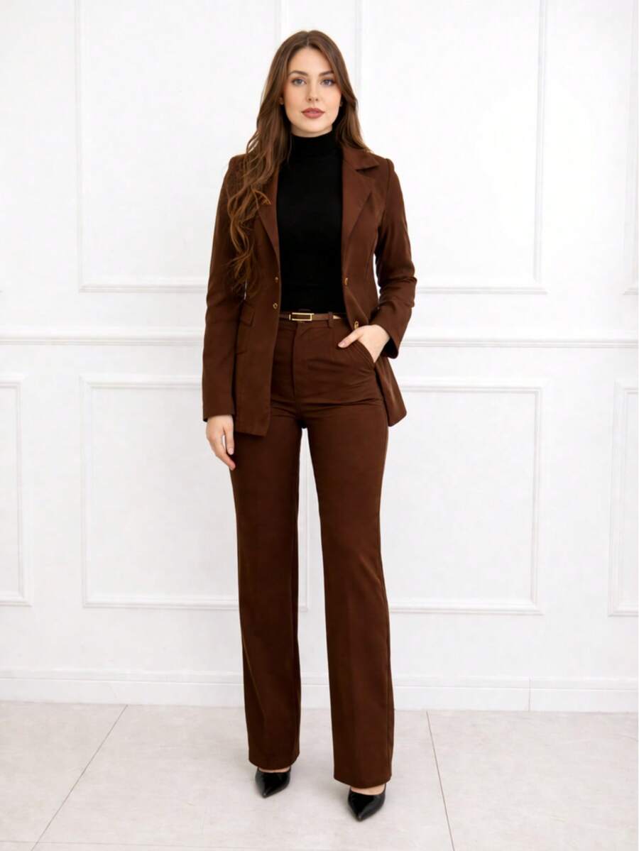 Women's Tailored Suit Set With Blazer And Trousers, Elegant Office/Winter Style, Fabric, Zipper, Pocket, Buttons At The Front - 鏽棕色 - 查看 1