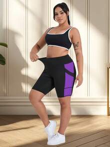 Pantalones cortos de fitness para mujer talla grande primavera/verano nuevos, cintura alta, levantamiento de glúteos, pantalones cortos de ciclismo, pantalones cortos deportivos ajustados, pantalones cortos de yoga de cintura alta, diseño de color en contraste, con bolsillos, adecuados para deportes, correr, fitness y varias ocasiones - Morado - Ver 9
