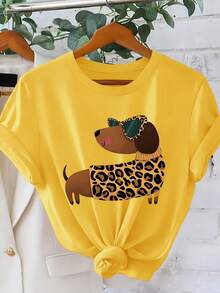 2026 Summer New Leopard Print Outfit Dachshund Print Women's T-Shirt 2026 Spring Summer  Cute Pet Style Short Sleeve Casual Personality Outfit Loose S - 黃色 - 查看 7