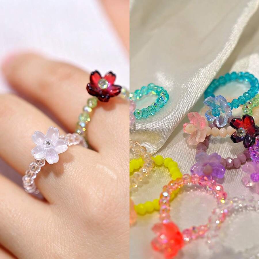 12pcs/Set Bohemian Style Artificial Crystal Beaded Rings, Glass Flower Elastic Stackable Fashion Party Jewelry Gift