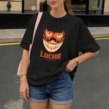Camiseta negra con estampado de máscara de lucha libre y texto LUCHA SYNDICATE para uso casual - Negro - Ver 3