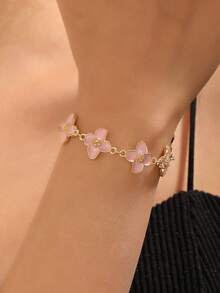 1pc Summer Luxury Retro Fashionable Fresh Pastoral Casual Elegant Petite Floral Bracelet, High-End Aesthetic - Pink - View 3