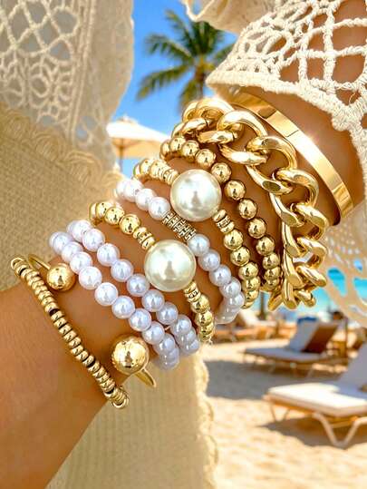 Set van 10 elegante vintage armbanden met geometrische imitatieparels in Boheemse stijl, veelzijdig ontwerp voor vakantie, feestjes en dagelijks gebruik.