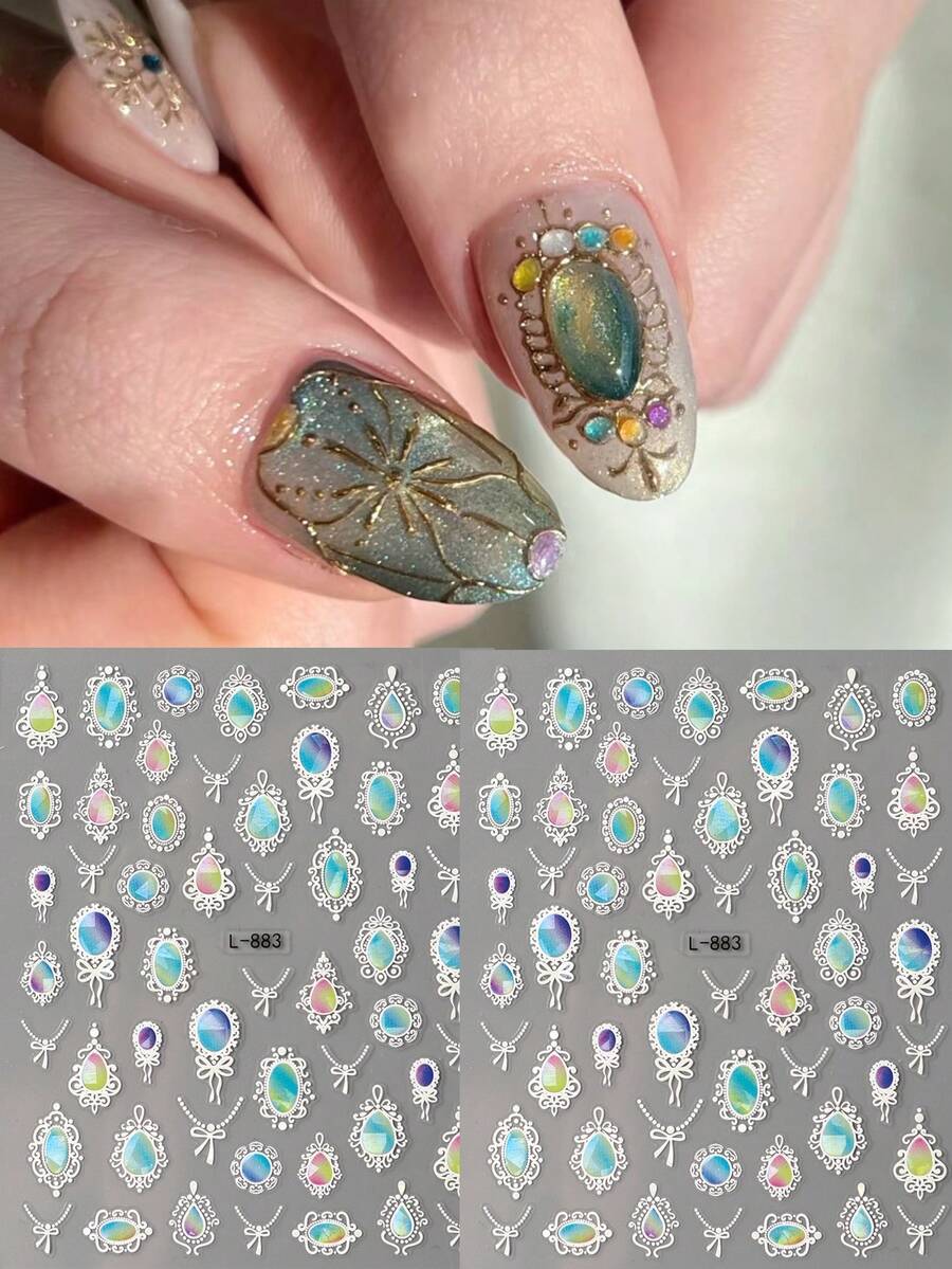 2pcs Vintage Gemstone Pattern Nail Stickers, Includes Retro Heart Shape And Oval Totem Designs, 3D Self-Adhesive Nail Art Decals, Vibrant Colors, Suitable For Personal And Nail Salon Use - Multicolor - View 1