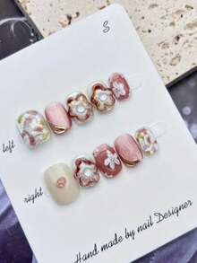 10pcs Short Square & Round False Nails, Nude Pink, Dark Rose, Milky White Base Color, 3D Gradient Floral, Hand-Painted White Flowers, Cat Eye Glitter & Metal Line Decor, Sweet & Gentle Spring Style, 100% Handmade Reusable Acrylic Nails, Comes With 1 Glue Sticker, 1 Nail File & 1 Nail Stick, Suitable For Daily Wear Or Parties - Multicolor - View 9