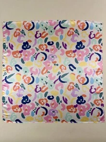 1条女士优雅彩色几何涂鸦印花丝巾，缎面领巾头巾，情人节装扮、旅行必备、沙滩巾的理想之选 - 彩色 - 查看 4
