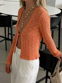 Live To Mo 夏季女士时尚性感橙色镂空针织V领喇叭袖开襟休闲上衣，适合约会、度假和外出海滩穿着 - 橘色 - 查看 10