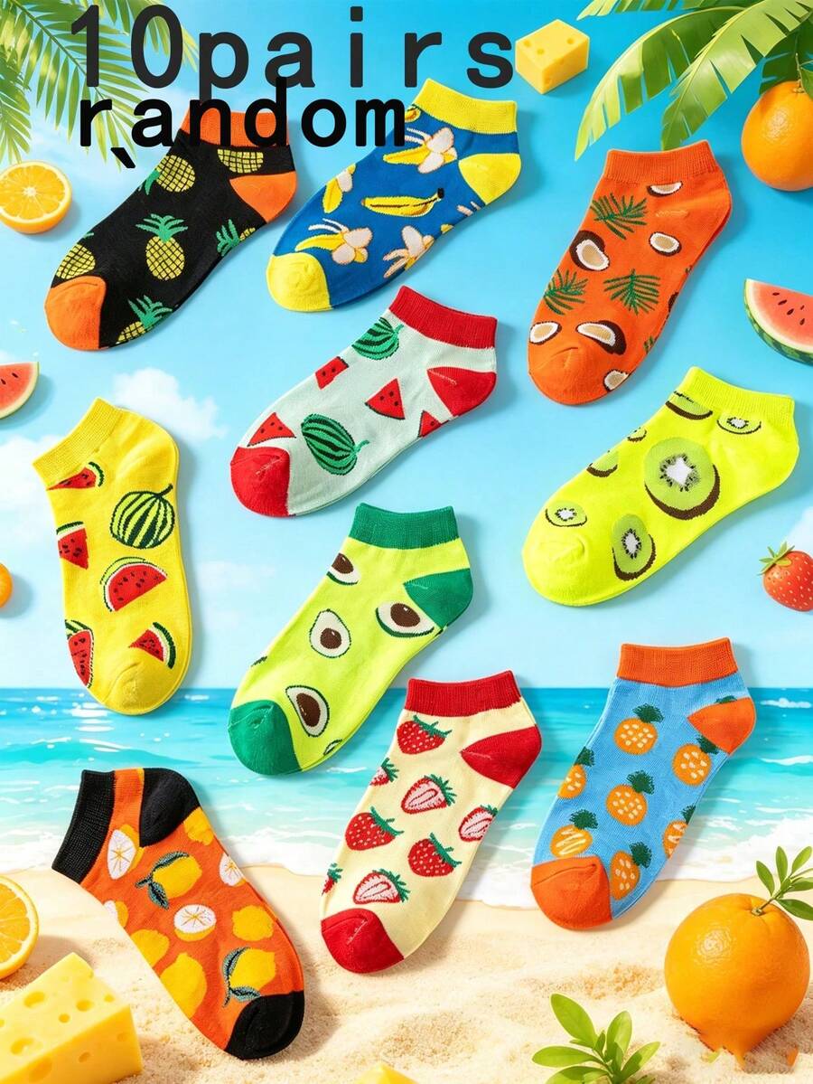 5/10双装女士水果主题休闲短袜，适合春夏穿着 - 彩色 - 查看 1