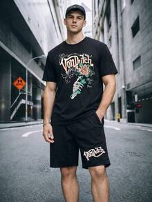 (2pc)  Pure Cotton Set. 2pcs Men Creative Black Print T Shirt And Shorts Set With Rose And Skull Design Vons Dutchs Logo Streetwear Look Soft Fabric Breathable Casual Wear For Urban Outfits. 100% Pure Cotton Short Sleeve T-Shirt Set - 黑色 - 查看 1