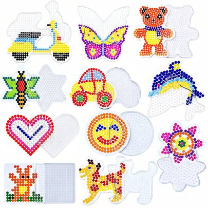 11 tableros de cuentas de fusión, 11 tableros de clavijas de plástico transparente de 5 mm, serie de animales lindos, con 11 tarjetas de cuentas de artesanía de colores, regalos de artesanía DIY (11 formas diferentes)