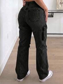 Women's High Waist Cargo Jeans With Ripped Detail, Retro Street Style, Versatile Denim Pants - màu đen - Xem 2