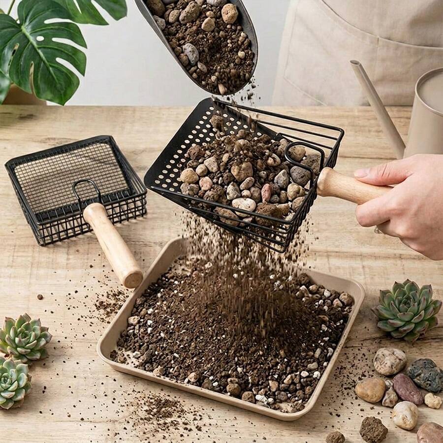 1PC Black Round Hole/Grid Wooden Handle Garden Soil Sifter, Succulent Flower Soil Sifting Tool With Filter Net, Gravel Separation Filter Shovel, Multi-Function Portable Handheld Soil Filtration Sieve For Home Balcony Plants Repotting And Aeration - Wooden Handle Soil Sieve - View 1