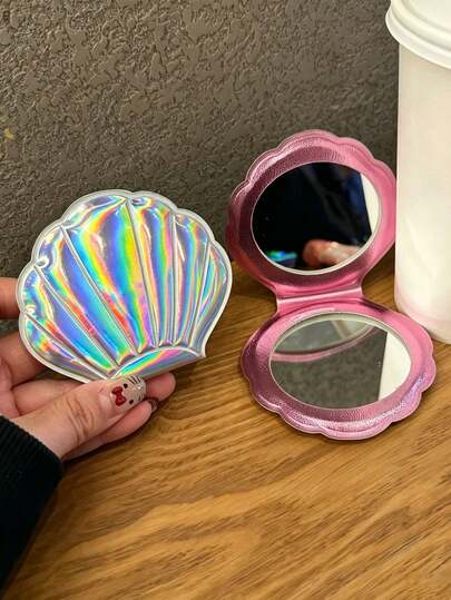 1pc Mini Foldable Shell Shaped Double-Sided Makeup Mirror, Portable Cosmetic Mirror, Y2K Mermaid Aesthetic Accessory, Summer Travel & Daily Essential, Mother's Day/Valentine's Day Gift For Her, Holiday Must-Have, Bedroom Decor, Affordable Household Item, Stocking Stuffer, Summer Treat