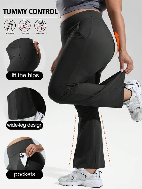Plus Size Women Casual High Waist Flare Pants With Pockets, Yoga Pants