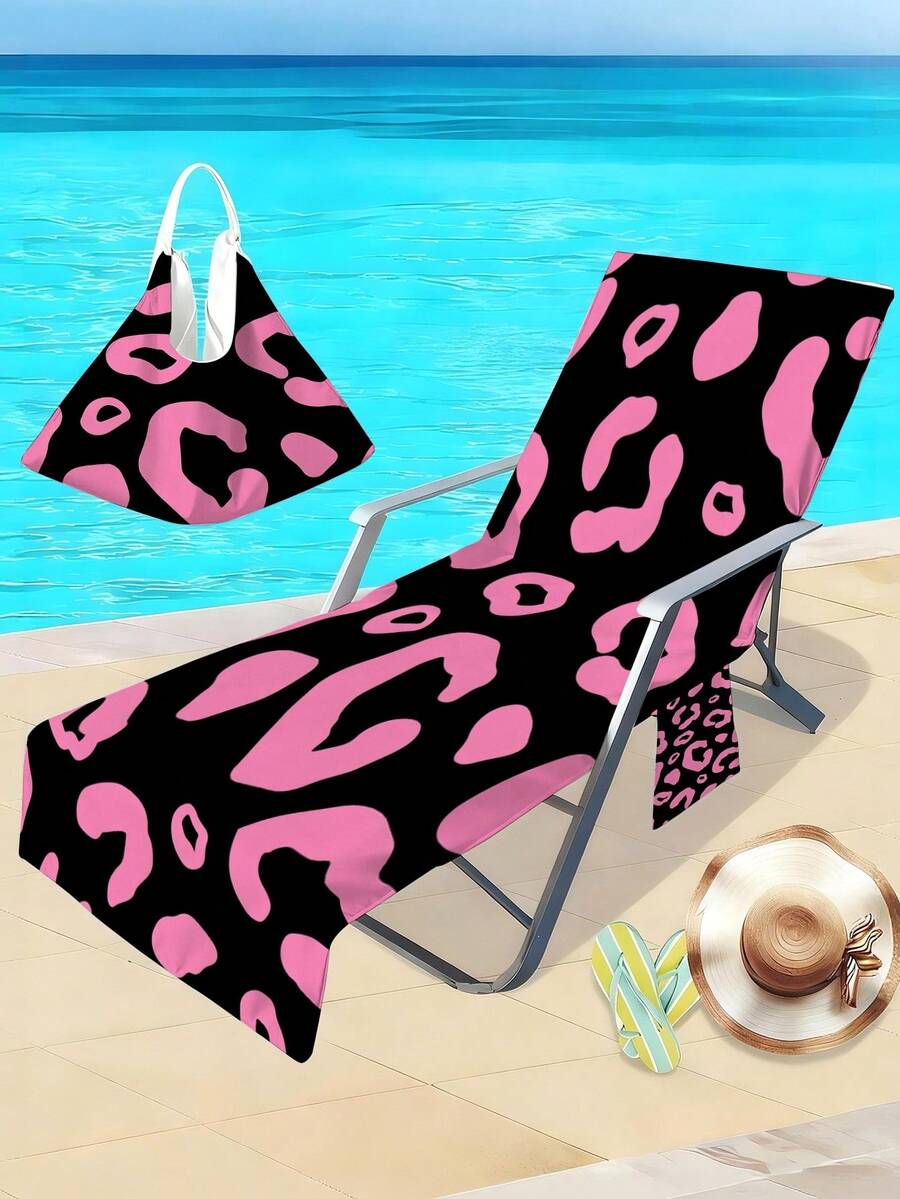 1pc Polyester Leopard Print Beach Chair Cover, Black Background, Quick-Drying Leisure Chair Towel With Side Pocket, Suitable For Beach, Pool Party, Sunbathing, Summer Vacation And Outdoor Activities - A - View 1