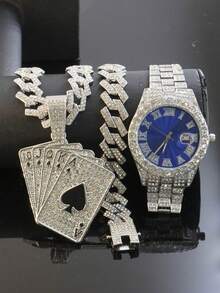 Conjunto de collar con colgante de póker con diamantes de imitación estilo real y reloj con esfera azul completamente cubierto de diamantes de imitación, estilo punk para hombres, joyería a juego de rapero de hip hop - Azul - Ver 23