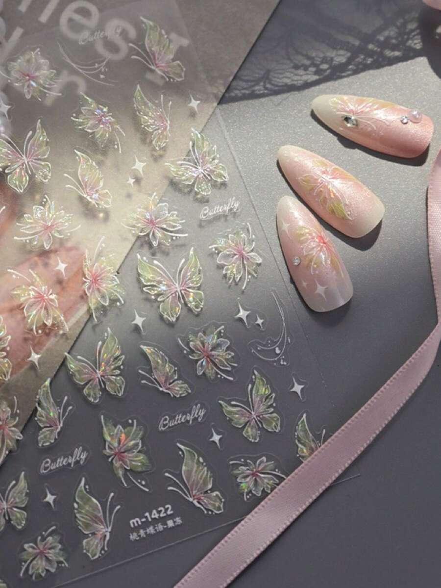 1 Tờ Hình Dán Móng Tay Hình Bướm 5D Hiệu Ứng Holographic, Thiết Kế Chuyển Màu Xuân/Hè, Cần Thiết Cho Thợ Làm Móng, Trang Trí Móng Tự Dính Cho Salon Và Sử Dụng Hàng Ngày - Màu Hồng baby - Xem 1