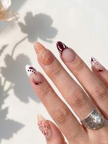 NAILS BASE 10件/組 粉色杏仁形長款法式漸層漸變假指甲，附玫瑰紅花朵，杏仁形甲片，適合辦公場合的中性華麗風，日式手工 P - 彩色 - 查看 2