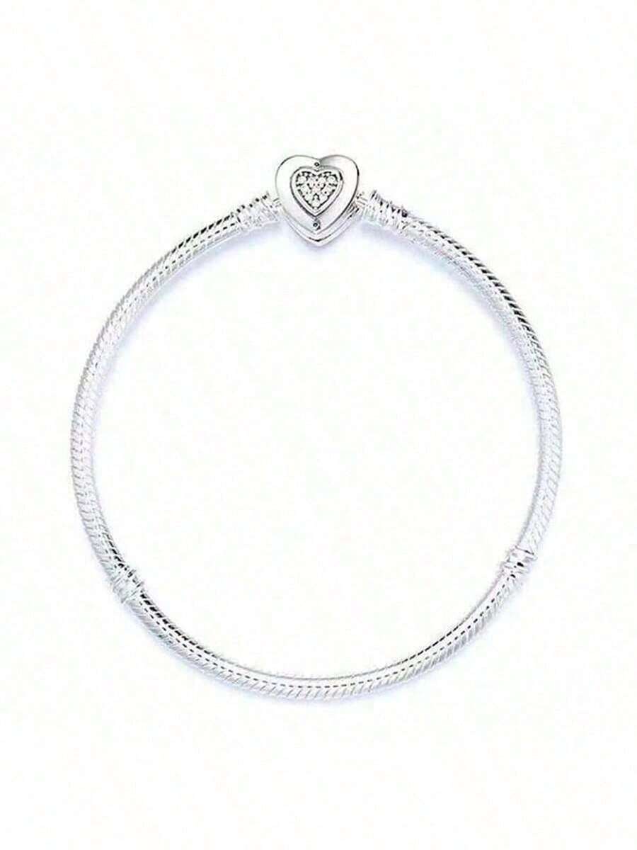 1pc S925 Sterling Silver Silhouette Heart Clasp Snake Chain Bracelet, Original DIY Bracelet, Suitable For Women's Daily Wear, Exquisite - Silver - View 1