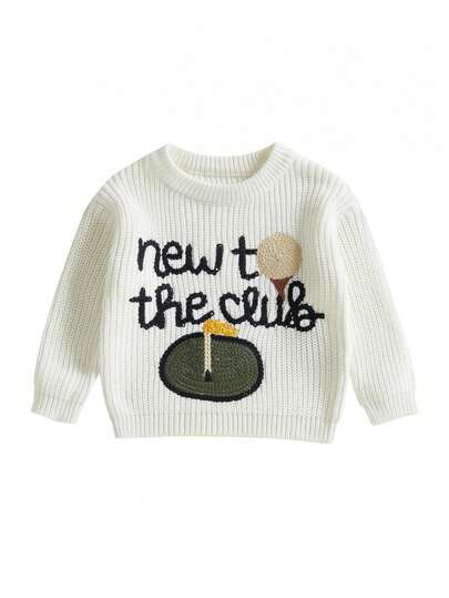 Fall Sweater Golf Letter Embroidery Long Sleeve Crew Neck Knitwear Pullover