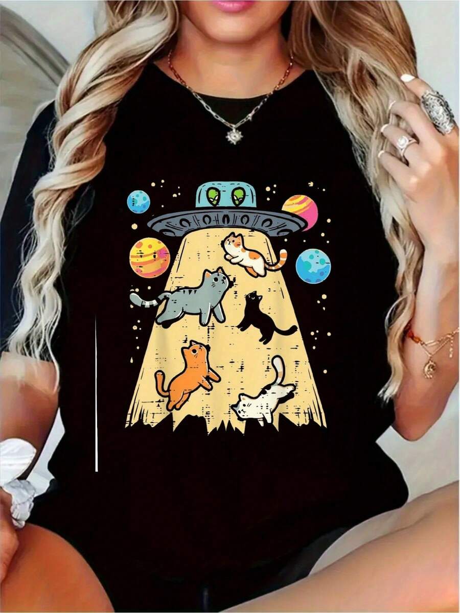 Camiseta Alien Cat UFO - Temática Espacial Retro, Cuello Redondo Suave, Manga Corta, Estilo Casual, con diseños de rayos alienígenas y gatos, adecuada para cosplay, un regalo para amantes de los gatos y adolescentes, ropa duradera y lavable a máquina (Tallas S-XXXL) TY6Z - Negro - Ver 1