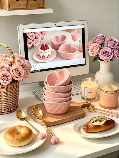1 Piece/4 Piece Vintage Heart-Shaped Ceramic Bowl/Dessert Plate, Serving Bowl, Nutshell Bowl, Dessert Bowl, Ice Cream Bowl, Fruit Salad Bowl, Family-Sized Rice Bowl, Salad And Pudding Bowl, Ceramic Tableware Bowl, And A Creative, Unique Snack Bowl - Also The Perfect Gift For Mother's Day And Valentine's Day