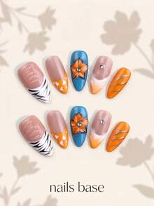 NAILS BASE 10件/組 粉色杏仁形長款法式漸層漸變假指甲，附玫瑰紅花朵，杏仁形甲片，適合辦公場合的中性華麗風，日式手工製 P - 彩色 - 查看 3