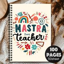 1pc "Mastra Fost Teacher" Themed Spiral Notebook With 100 Practical Pages, Creative Hand-Drawn Style, Useful For Work And Study. Minimalist Cover Design With Colorful Patterns, Suitable For School Records, Daily Planning, Graduation Gift, Birthday Present, Diary Writing, And Note-Taking. - W - View 1