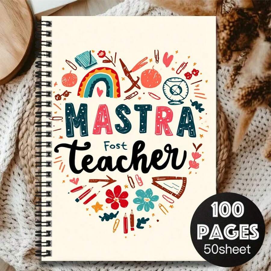 1pc "Mastra Fost Teacher" Themed Spiral Notebook With 100 Practical Pages, Creative Hand-Drawn Style, Useful For Work And Study. Minimalist Cover Design With Colorful Patterns, Suitable For School Records, Daily Planning, Graduation Gift, Birthday Present, Diary Writing, And Note-Taking. - W - View 1