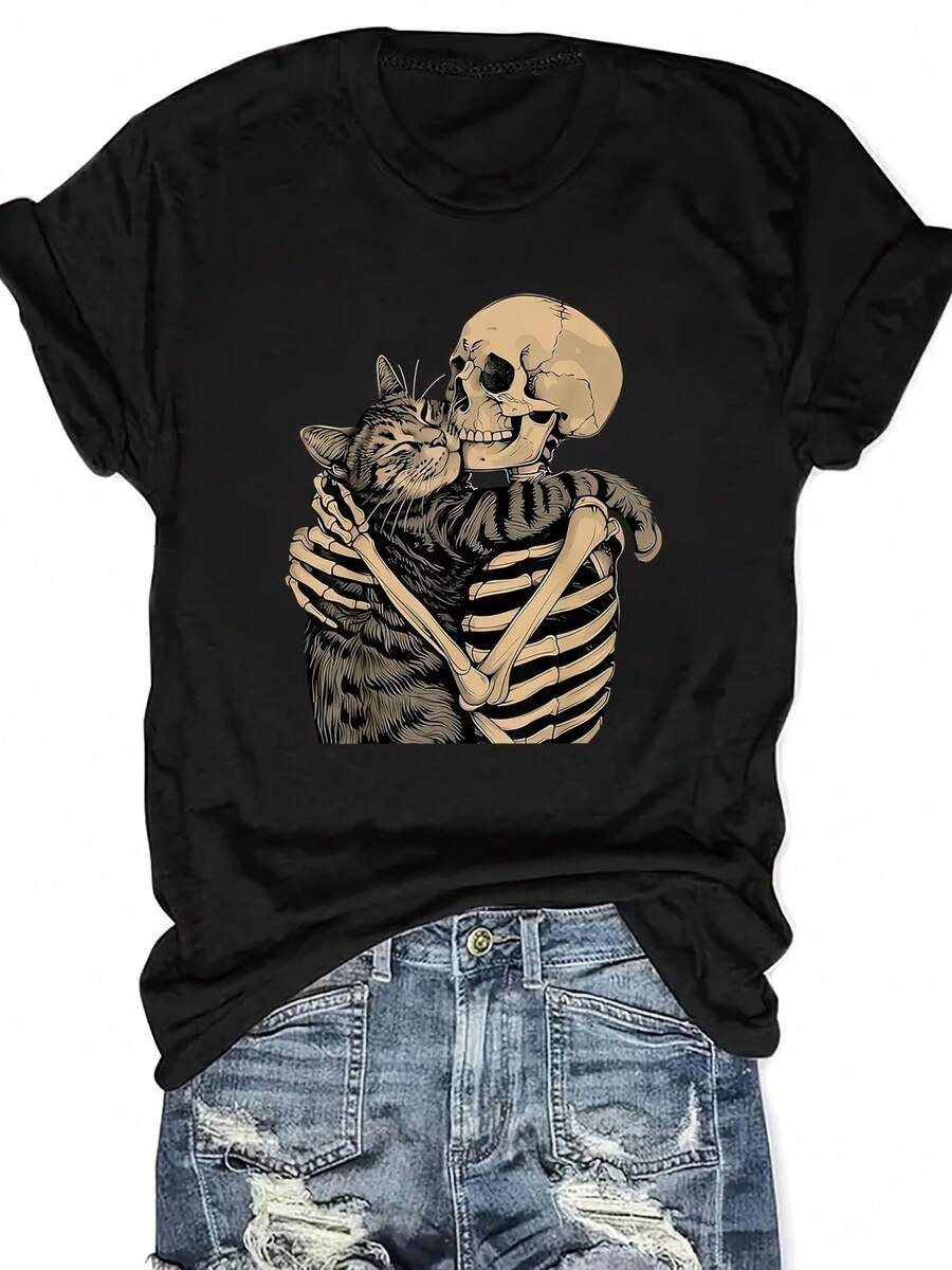 Summer Tops For Women Skull And Cat Pattern Printed T-Shirt - For Cat Lovers, Cat Moms And Dads - Soft And Comfortable Home Casual Round Neck Short Sleeve Top - Women's Clothing - Perfect Choice For Spring And Summer. Loose And Comfortable Mothers Day Outfit Summer Tops For Women Mothers Day Outfit Y2k Clothes Women - 黑色 - 查看 1