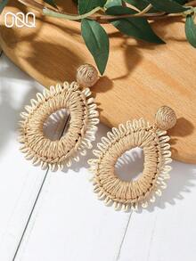 OOQ 1 Pair Minimalist Hollow Geometric Water Drop Raffia Straw Solid Color Earrings, Fresh Summer Holiday Travel Commute Outing Wear, Suitable For Women Dating Daily Versatile Gift For Best Friends (Handmade Raffia Straw Weaving Method Direction Shape Random) - Khaki - View 2
