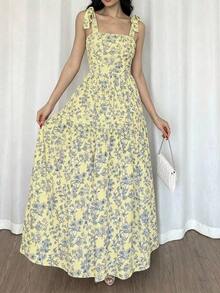 French Elegant Ruched Waist Floral Print Flared Dress, Sleeveless Flowy Dress, Light Blue Floral Summer Dress - Màu vàng - Xem 6